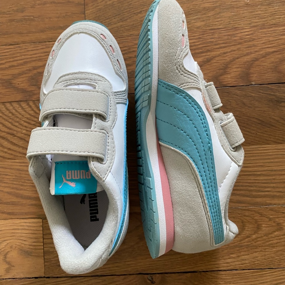 Little girls, blue, white and pink puma sneakers. Price Firm.